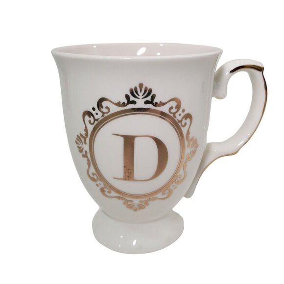 Gold Accent Monogram Initial D Letter Footed Coffee Mug Cup Victorian Style - Picture 1 of 7